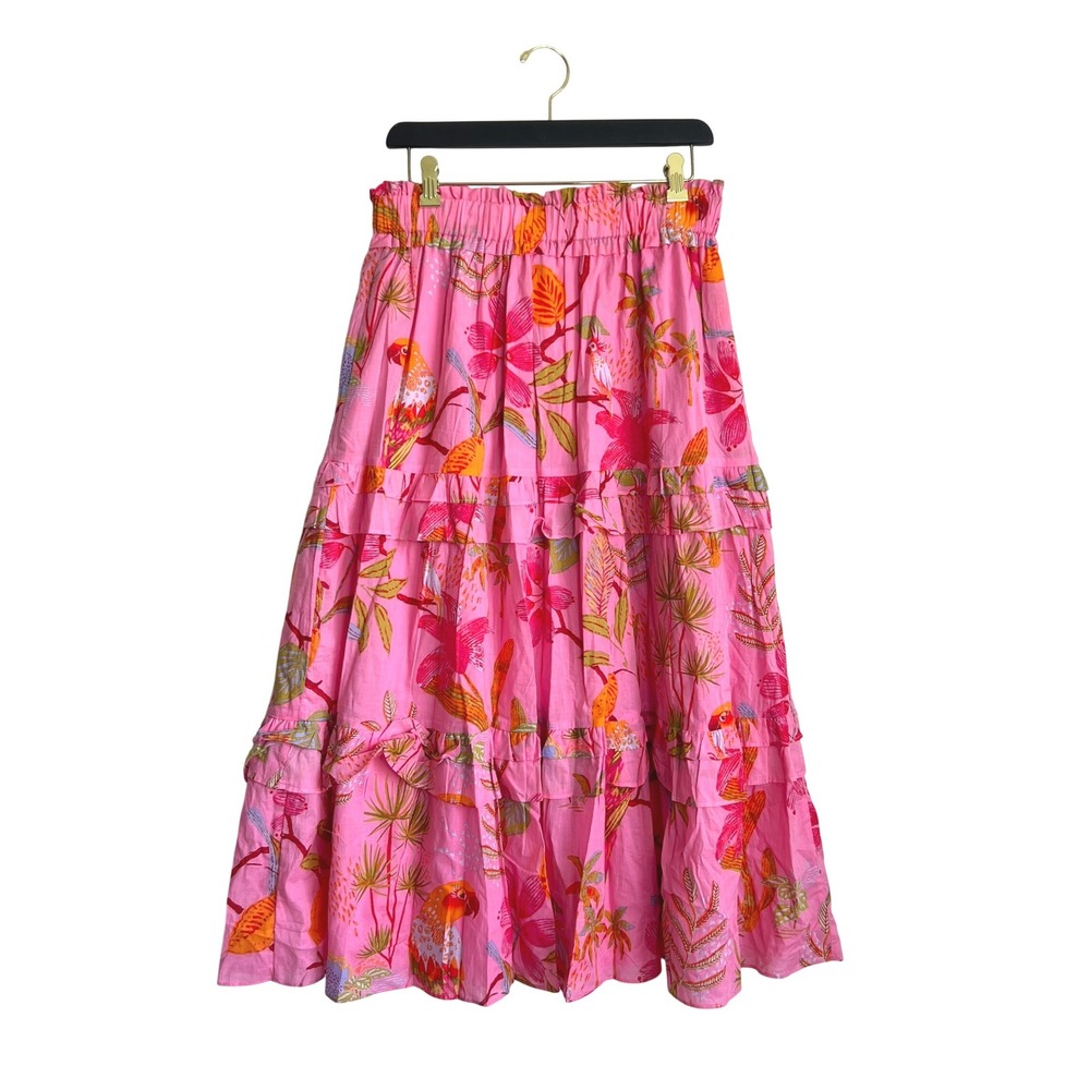 J Marie Pink Parrot Tropical Print Tiered Cotton Maxi Skirt Womens Large